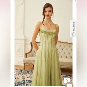 Green Matcha Ruffled Shirred Tulle Maxi Dress